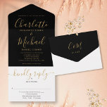 Elegant Black And Gold Script Minimalist Wedding  All In One Invitation<br><div class="desc">All in one wedding invitation featuring elegant gold signature script name and monogram initials on a black background. The invitation includes a perforated RSVP card that’s can be individually addressed or left blank for you to handwrite your guest's address details. Designed by Thisisnotme©</div>