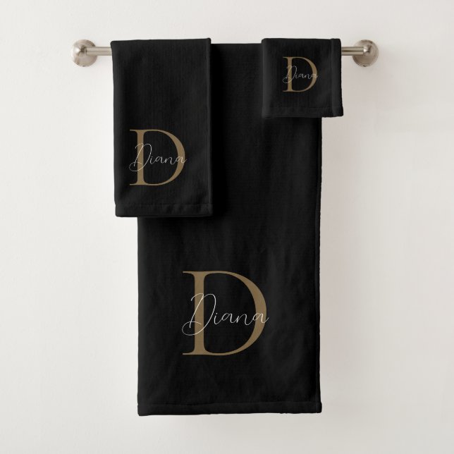 Elegant Black and Gold Script Monogram Bath Towel Set (Insitu)