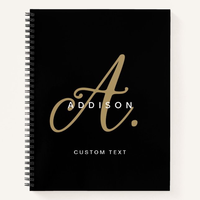 Elegant Black and Gold Script Monogram Notebook (Front)
