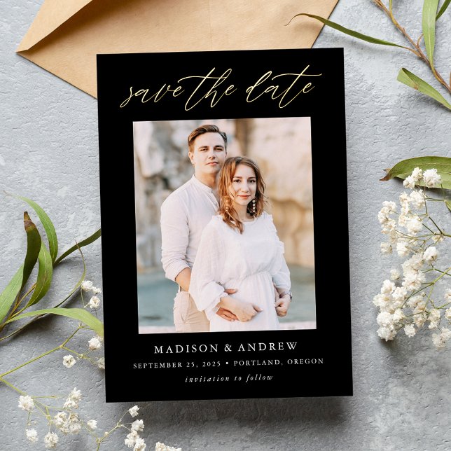 Elegant Black and Gold Script Photo Save the Date (Creator Uploaded)