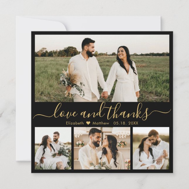 Elegant Black and Gold Script Photo Wedding Thank You Card (Front)