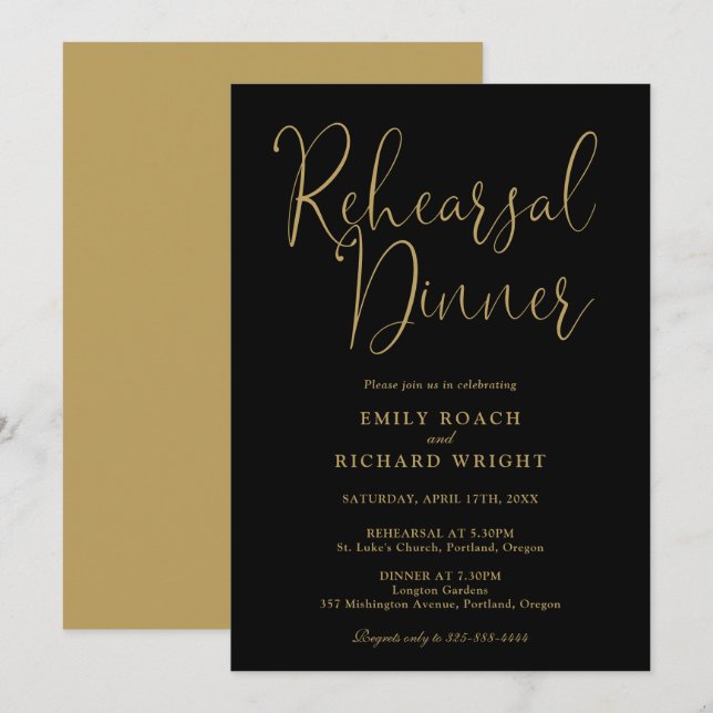 Elegant Black And Gold Script Rehearsal Dinner Invitation (Front/Back)