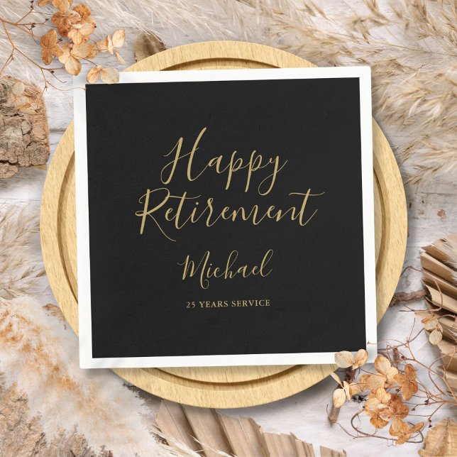 Elegant Black And Gold Script Retirement Party Napkin (Elegant Black And Gold Script Retirement Party Napkins)