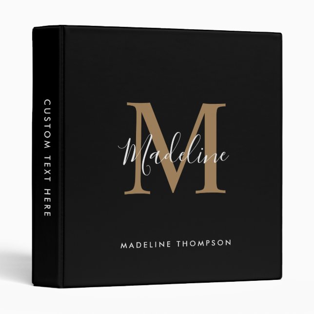Elegant Black and Gold Script Simple Monogram Binder (Front/Spine)