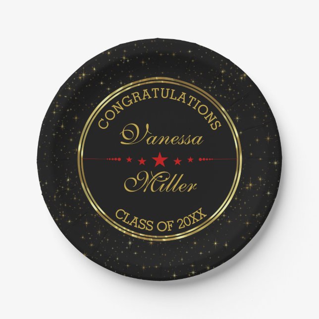 Elegant Black And Gold Shiny Stars- Graduations Paper Plate (Front)