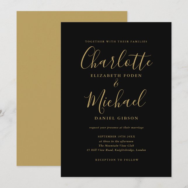 Elegant Black And Gold Signature Script Wedding Invitation (Front/Back)