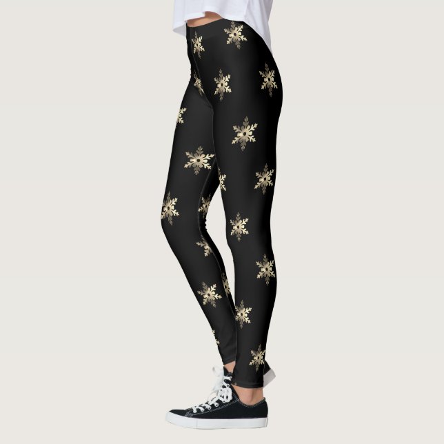 Elegant Black and Gold Snowflake Pattern Christmas Leggings (Left)