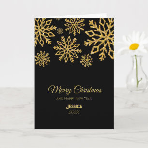 Elegant Black and Gold Snowflakes Christmas Name Card