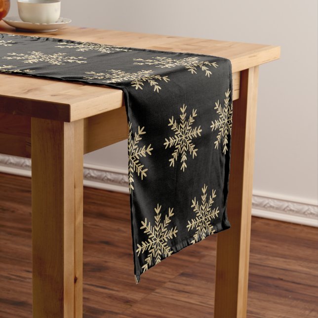 Elegant Black and Gold Snowflakes Christmas  Short Table Runner (In Situ)