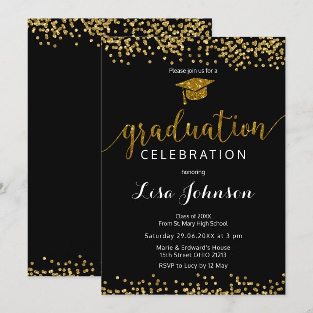 Elegant Black and Gold Sparkle Glitter Graduation Invitation (Front/Back)