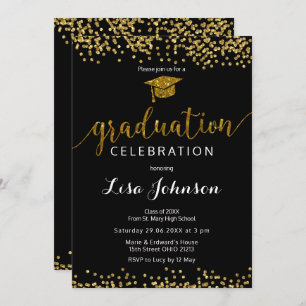 Elegant Black and Gold Sparkle Glitter Graduation Invitation