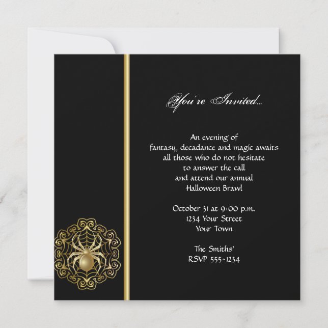 Elegant Black and Gold Spider Halloween Party Invitation (Front)