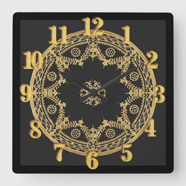 Elegant black and gold square wall clock (Front)
