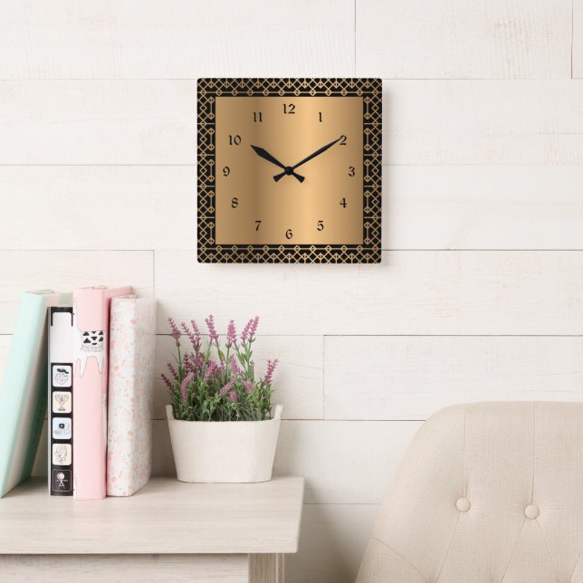 Elegant black and gold square wall clock (Reading Room)