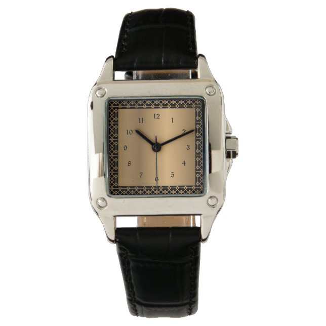 Elegant black and gold square wall clock watch (Front)