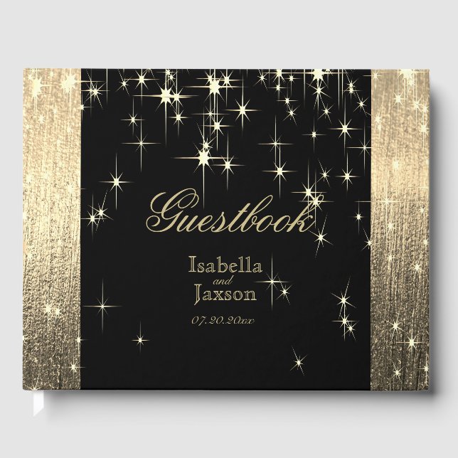 Elegant Black and Gold Starlights Guestbook (Front)