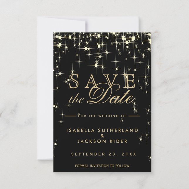 Elegant Black and Gold Starlights - Save the Date (Front)