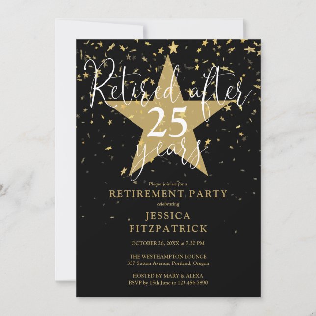 Elegant Black And Gold Stars Retirement Party Invitation (Front)