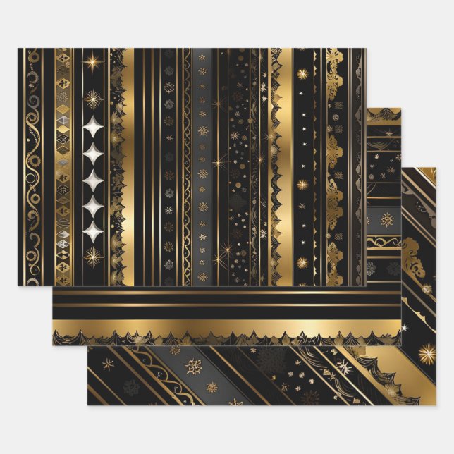 Elegant Black And Gold Striped Collection Wrapping Paper Sheet (Set)