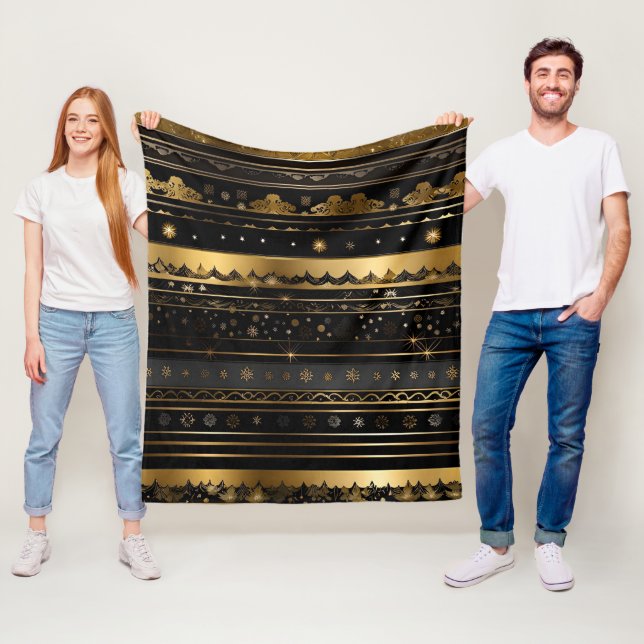 Elegant Black And Gold Striped Fleece Blanket (In Situ)