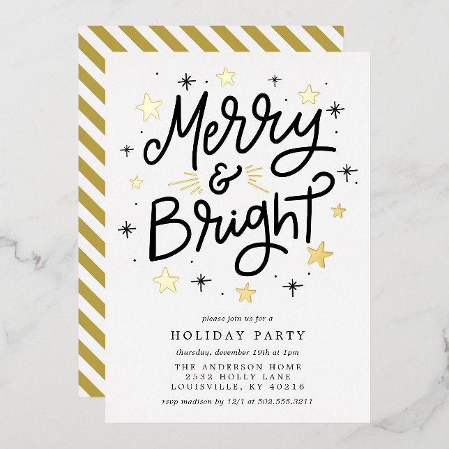 Elegant Black and Gold Striped Merry and Bright (Front/Back)