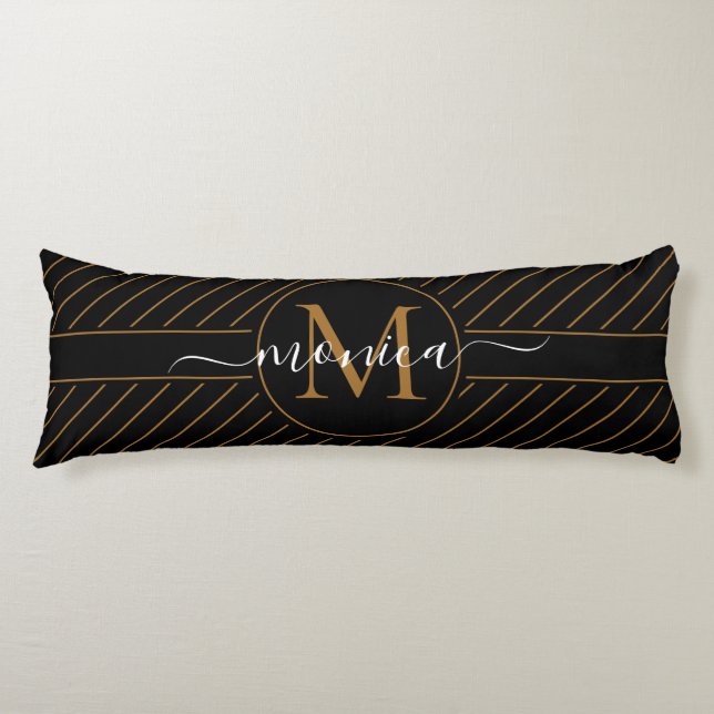 Elegant Black and Gold Striped Monogram Name Body Pillow (Front)