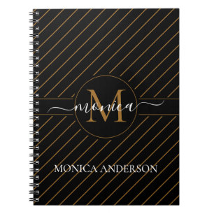 Elegant Black and Gold Striped Monogram Name Notebook