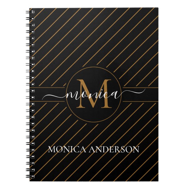 Elegant Black and Gold Striped Monogram Name Notebook (Front)