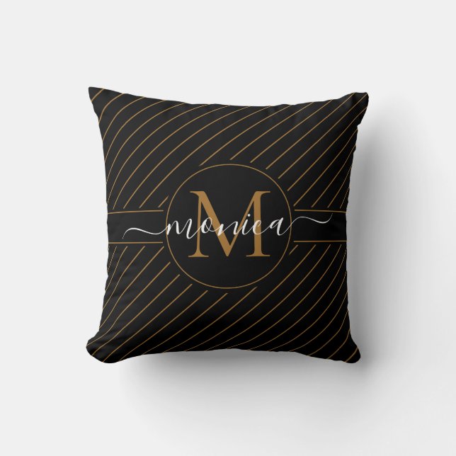 Elegant Black and Gold Striped Monogram Name Throw Pillow (Front)