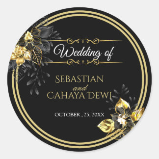 Elegant black and gold summer wedding classic round sticker