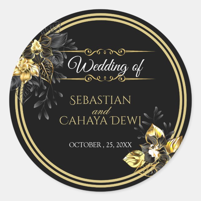 Elegant black and gold summer wedding classic round sticker (Front)
