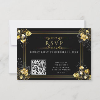 Elegant black and gold summer wedding RSVP card