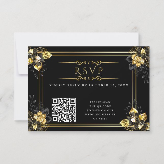 Elegant black and gold summer wedding RSVP card (Front)
