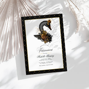 Elegant Black and Gold Swan Quinceañera Photo Invitation