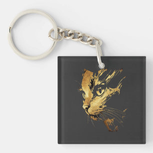 Elegant Black and Gold Textured Cat Graphic Keychain