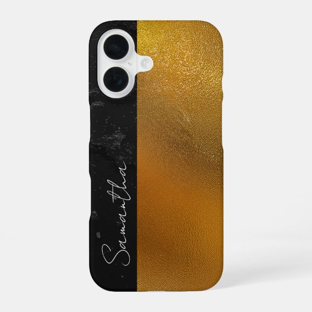Elegant Black and Gold Textured Personalized Name iPhone 16 Case (Back)