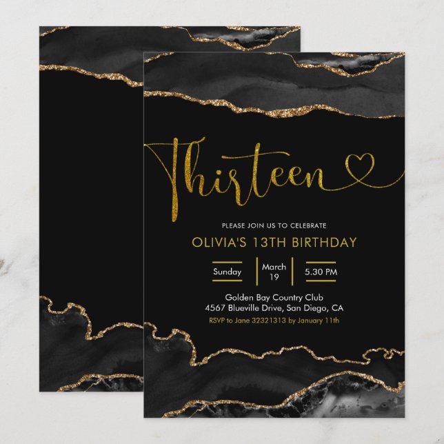 Elegant Black and Gold Thirteen Invitation (Front/Back)