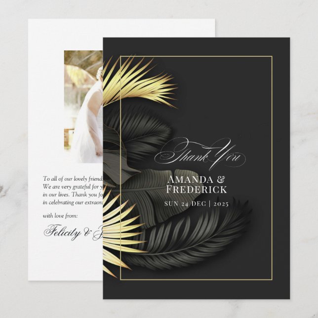 Elegant Black and Gold Tropical Leaves Wedding Thank You Card (Front/Back)