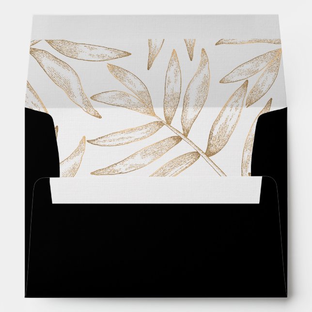 Elegant Black and Gold Tropical Wedding Envelope (Back (Bottom))