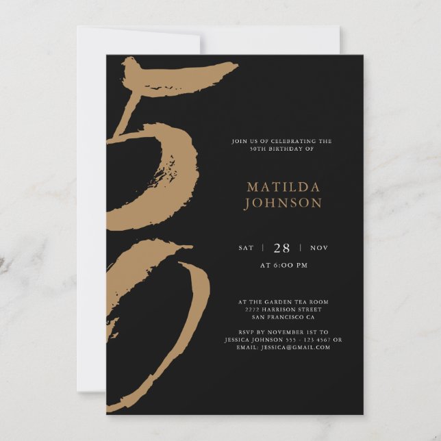 Elegant Black and Gold Typography 50th Birthday Invitation (Front)