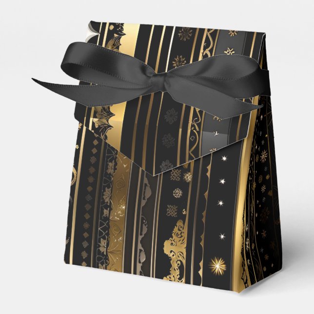 Elegant Black And Gold Vertical Striped Tent Favor Box (Front Side)