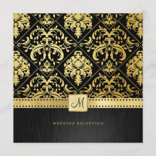 Elegant Black and Gold Vintage Damask Reception Invitation