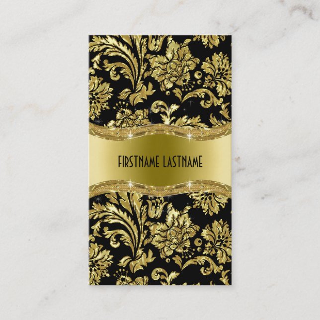 Elegant Black And Gold Vintage Damasks Business Card (Front)