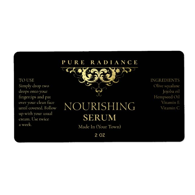 Elegant Black And Gold Vintage Logo Serum Labels (Front)