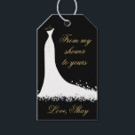 Elegant Black and Gold Wedding Gown Bridal Shower  Gift Tags<br><div class="desc">Elegant cardstock bridal shower favour tags feature a wedding gown,  white,  black,  and gold colour scheme,  and custom text that can be personalized.</div>