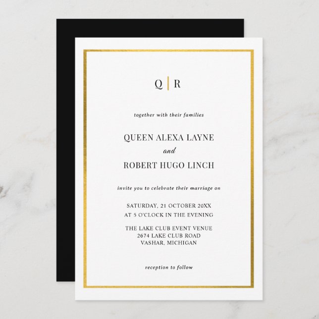 Elegant black and gold wedding invitation (Front/Back)