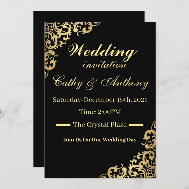 Elegant Black and Gold Wedding Invitation (Front/Back)