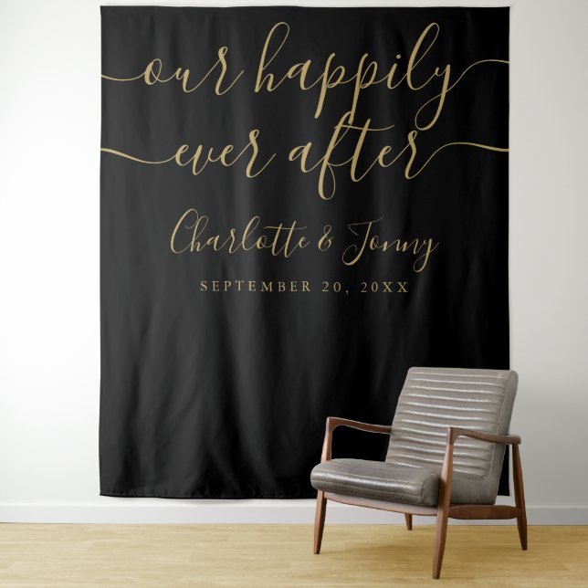 Elegant Black And Gold Wedding Photo Backdrop Tapestry (In Situ)