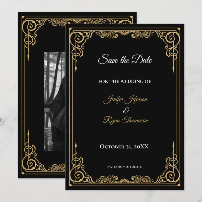 Elegant black and gold wedding save the date announcement (Front/Back)
