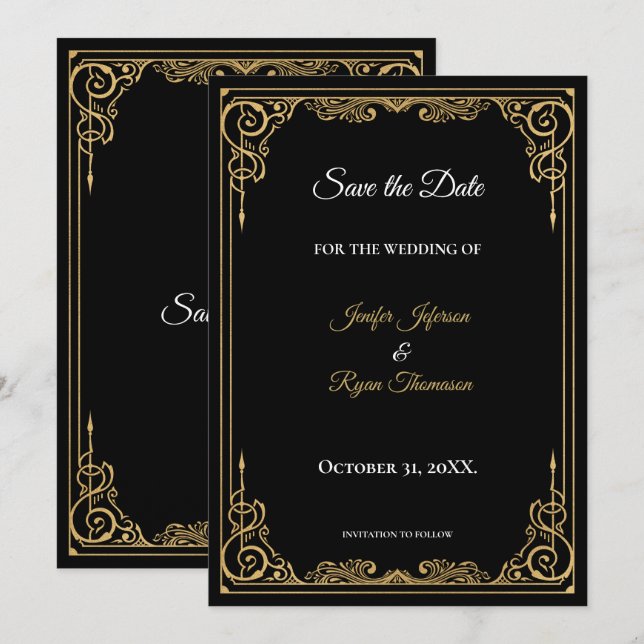 Elegant black and gold wedding save the date announcement (Front/Back)